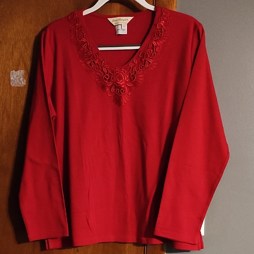 Norm Thompson Red Blouse with Embroidered V-Neck